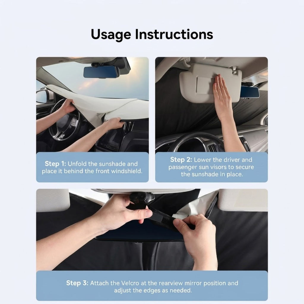 UV-Block Windscreen Sun Shade usage instructions showing three steps, unfolding behind the windscreen, securing under the sun visors and attaching the velcro at the rearview mirror