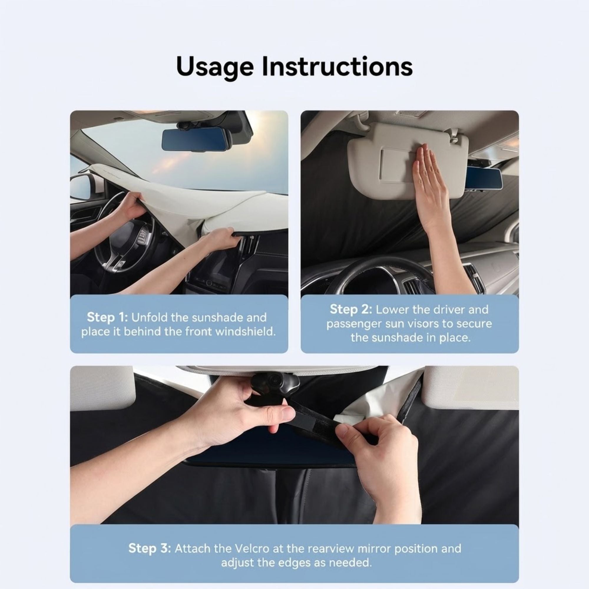 UV-Block Windscreen Sun Shade usage instructions showing three steps, unfolding behind the windscreen, securing under the sun visors and attaching the velcro at the rearview mirror