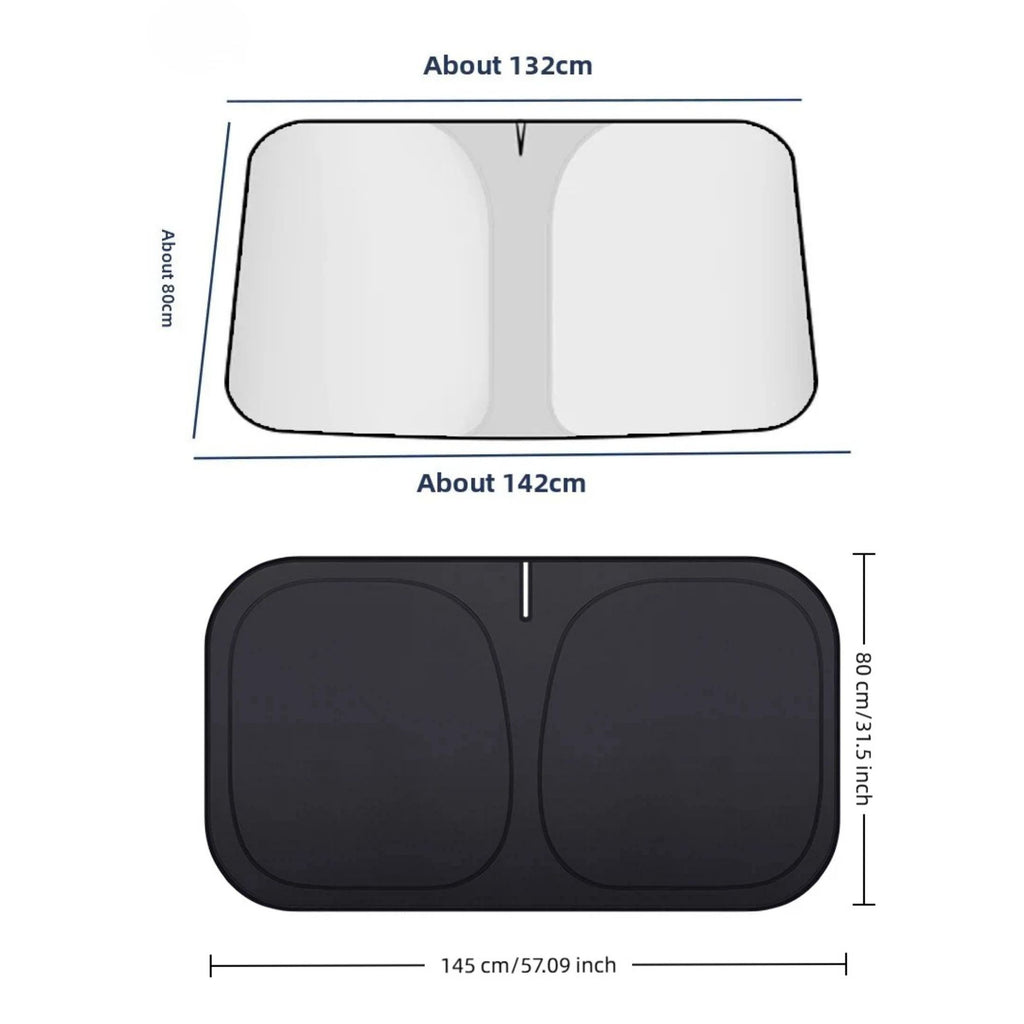 UV-Block Windscreen Sun Shade dimension diagram showing the windscreen shape at about 132cm by 80cm and the folded shade at 145cm by 80cm, 57.09 inches wide