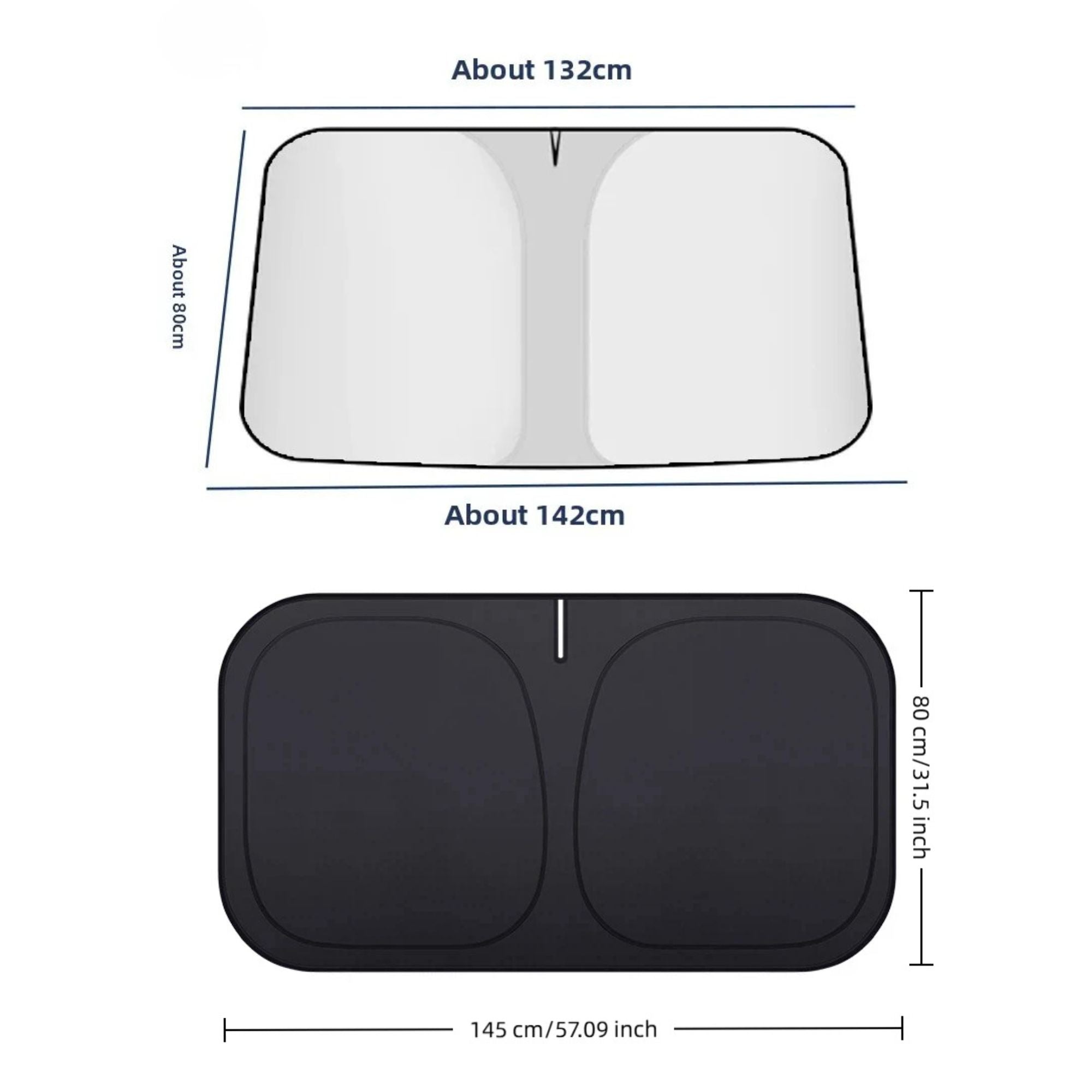UV-Block Windscreen Sun Shade dimension diagram showing the windscreen shape at about 132cm by 80cm and the folded shade at 145cm by 80cm, 57.09 inches wide