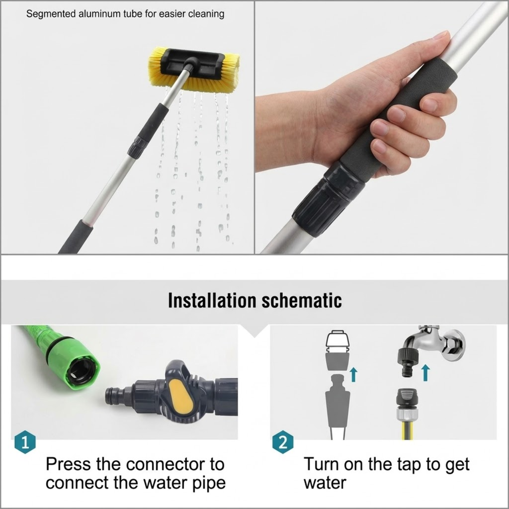 Ultra-Soft Detailing Brush segmented aluminium tube spraying water, with a two-step schematic for connecting it to a water pipe and tap