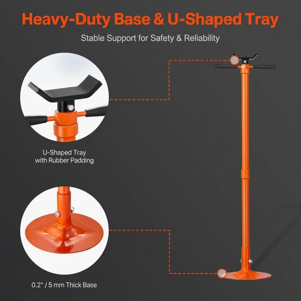 Under-Hoist Support Stand close-ups of the rubber-padded U-shaped tray and 5 mm thick steel base
