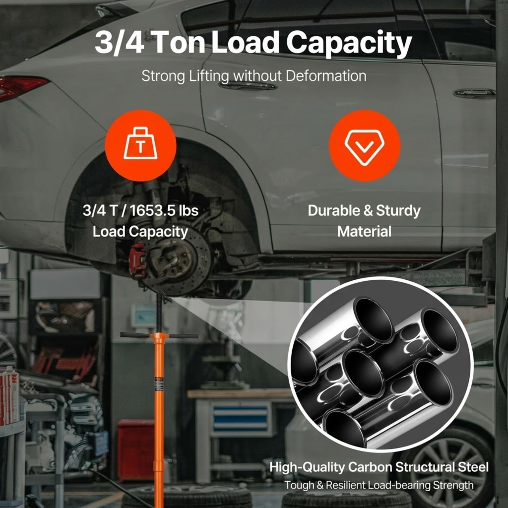 Under-Hoist Support Stand under a raised car in a workshop, showing 3/4 tonne load capacity and carbon steel tubing