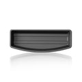 Top-down view of the empty black Under-Seat Storage Drawer with its reflection on a white background