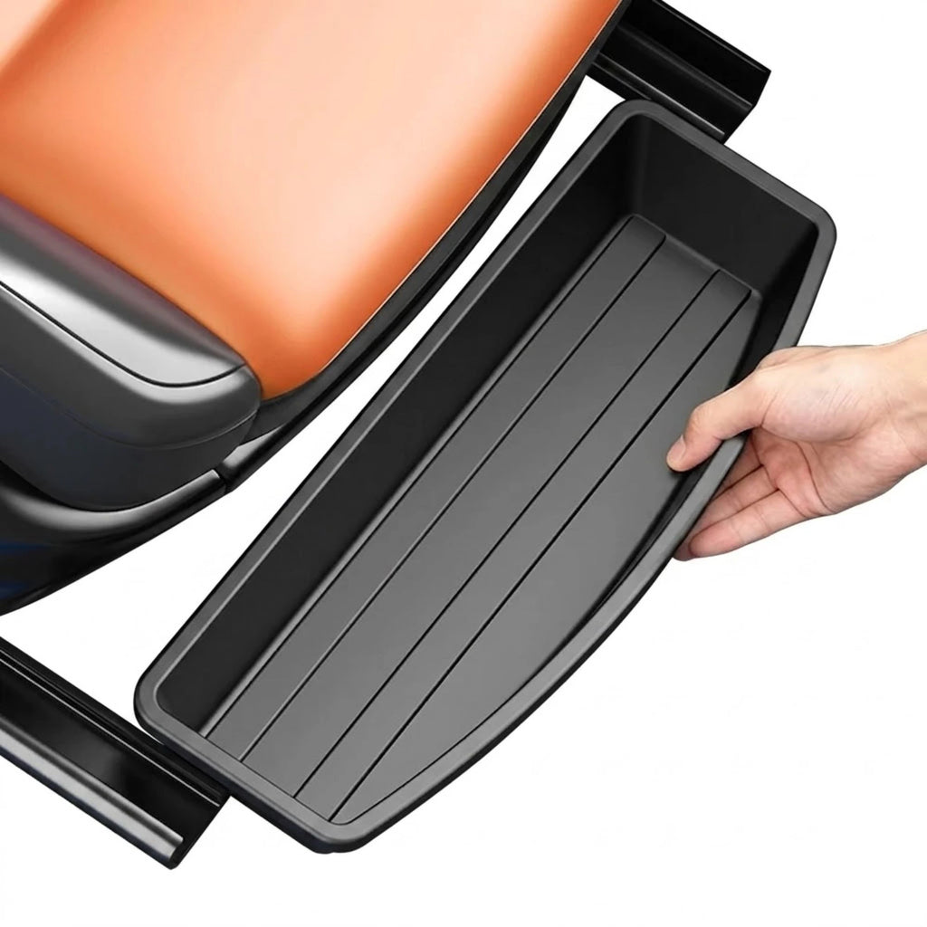 Hand sliding the Under-Seat Storage Drawer into place beneath an orange car seat