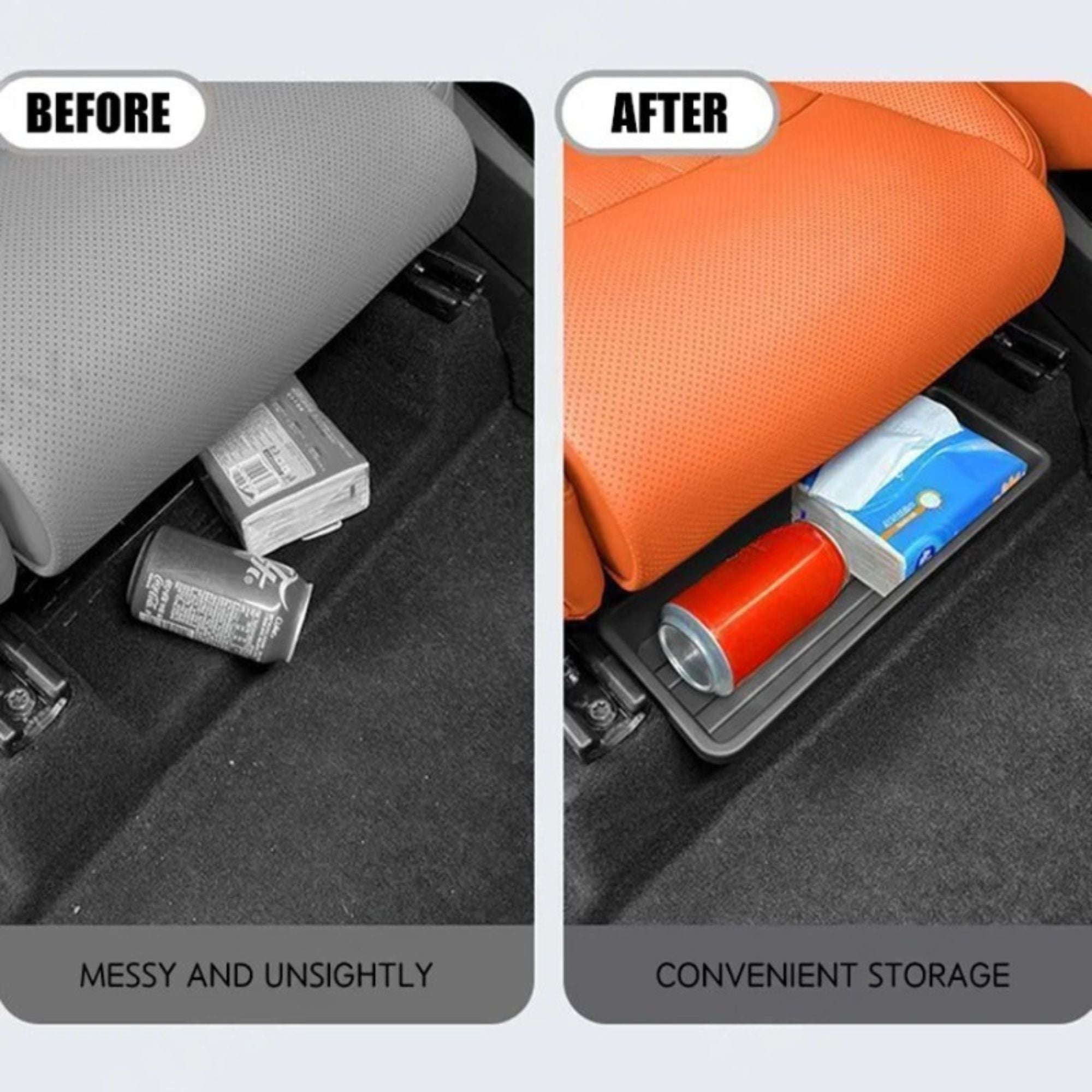 Before and after comparison showing a cluttered car floor versus a can and tissues neatly held in the Under-Seat Storage Drawer