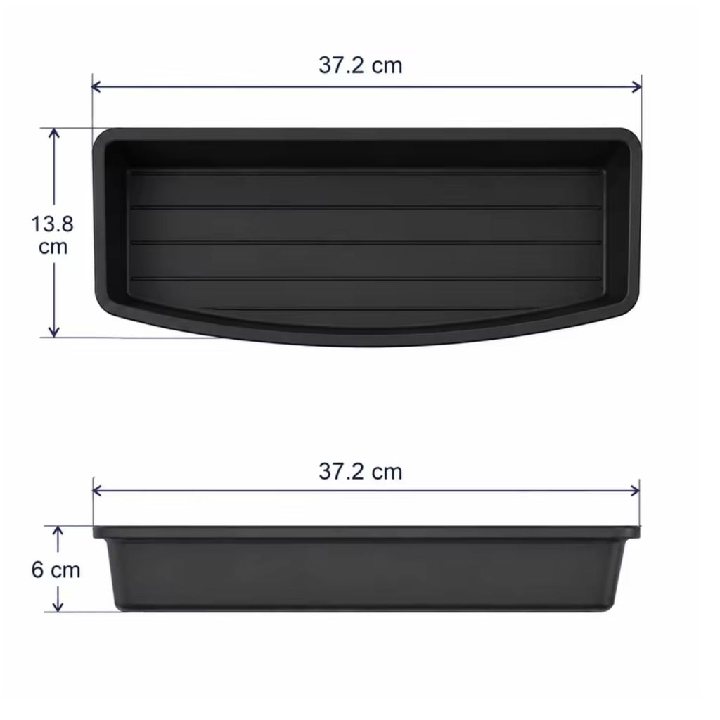 Black rectangular plastic tray shown from top and side views with dimension labels: 37.2 cm width, 13.