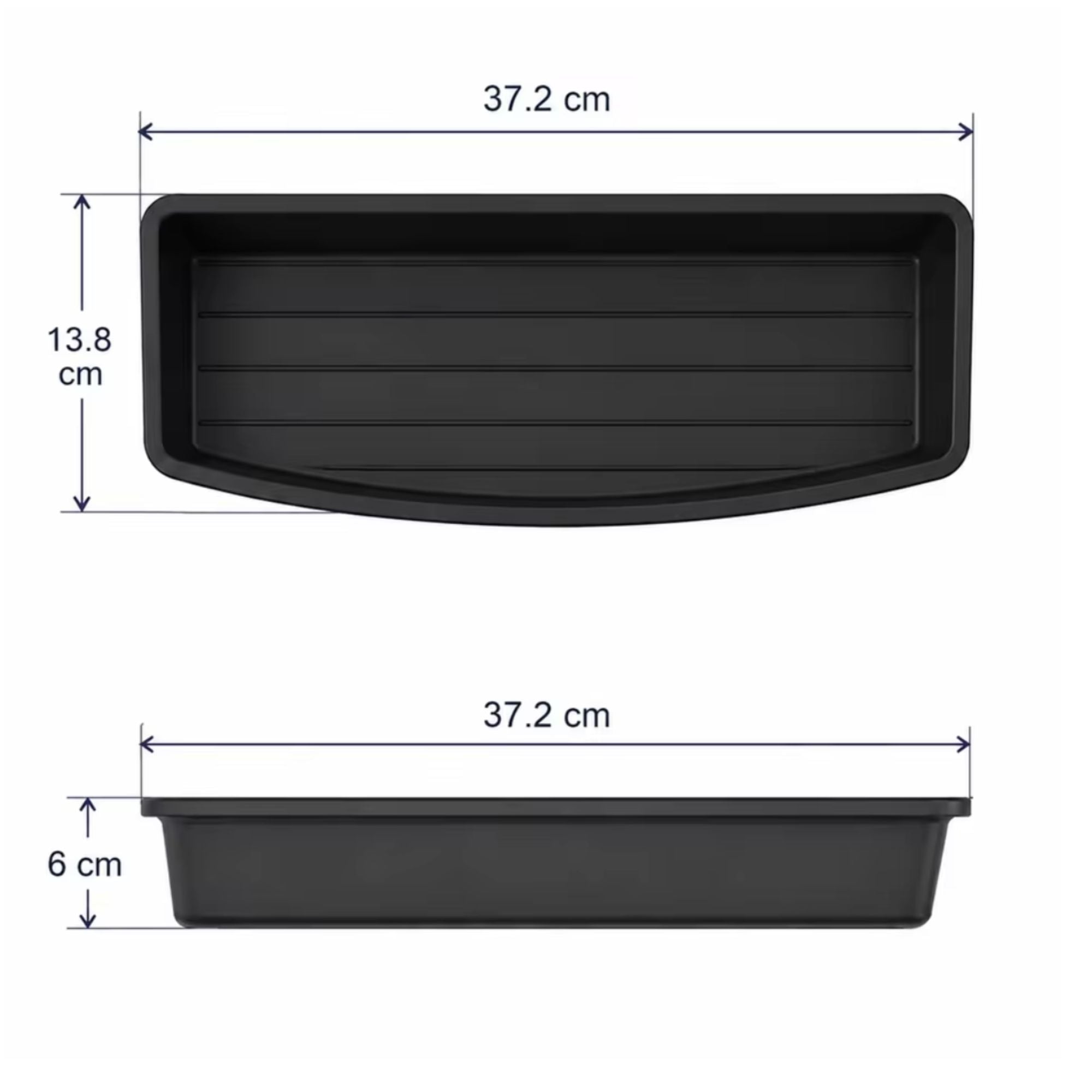 Black rectangular plastic tray shown from top and side views with dimension labels: 37.2 cm width, 13.