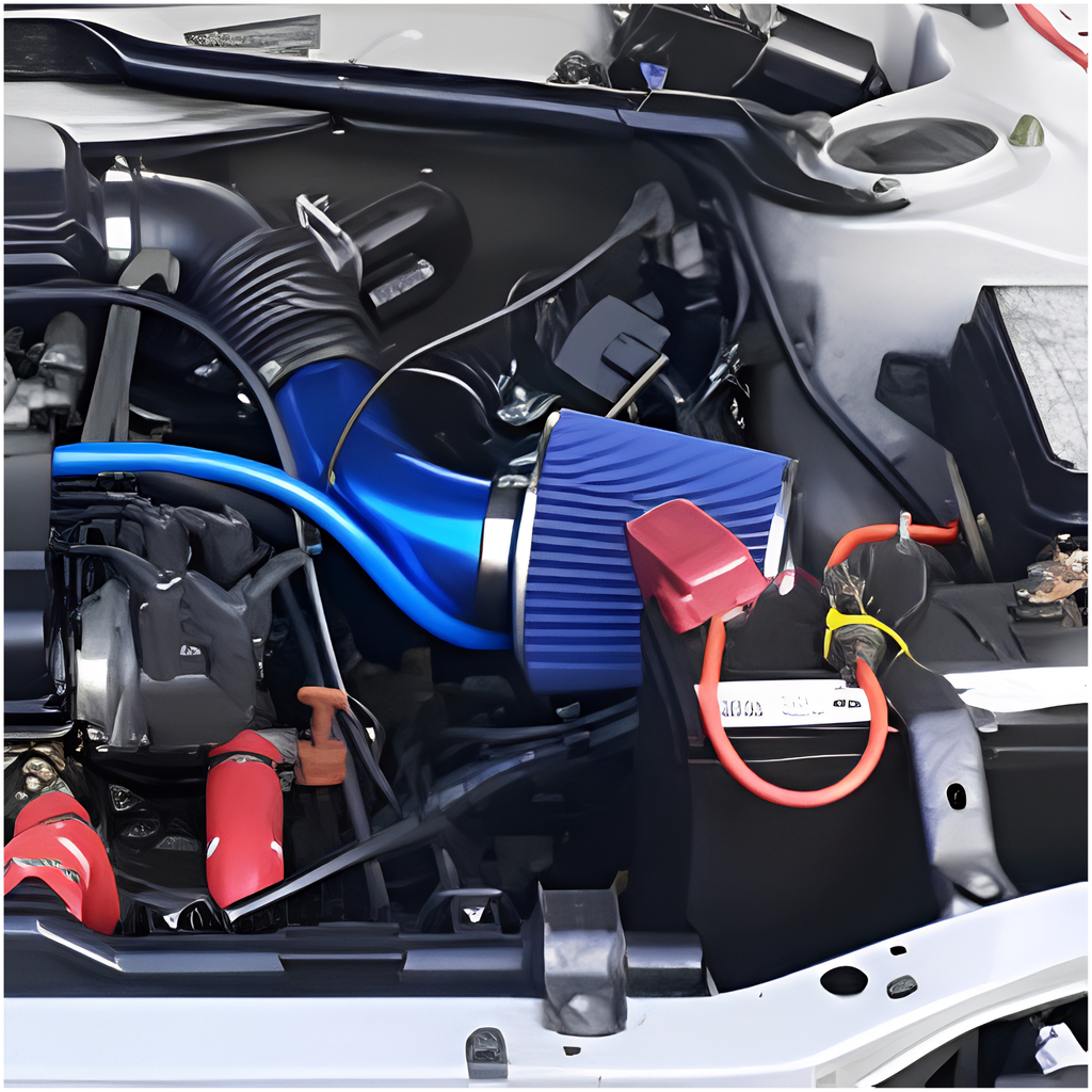 Blue cold air intake system installed in a car engine bay, connected to the air filter and battery compartment