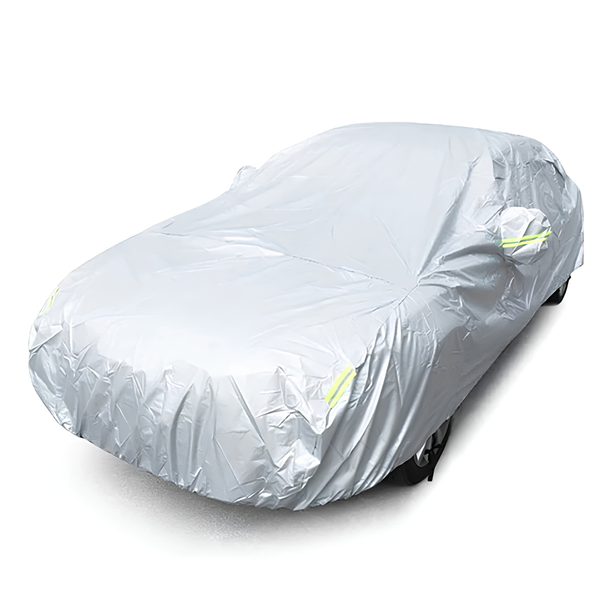 All-Weather Vehicle Cover fitted over a sedan with reflective safety strips