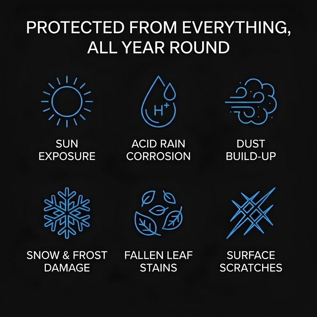 All-Weather Vehicle Cover protection chart covering sun exposure, acid rain, dust, snow, leaves and scratches
