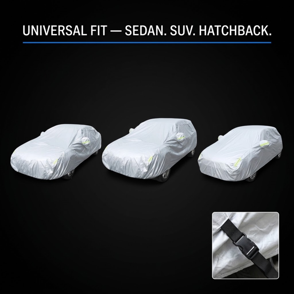 All-Weather Vehicle Cover universal fit for sedan, SUV and hatchback with elastic buckle strap detail