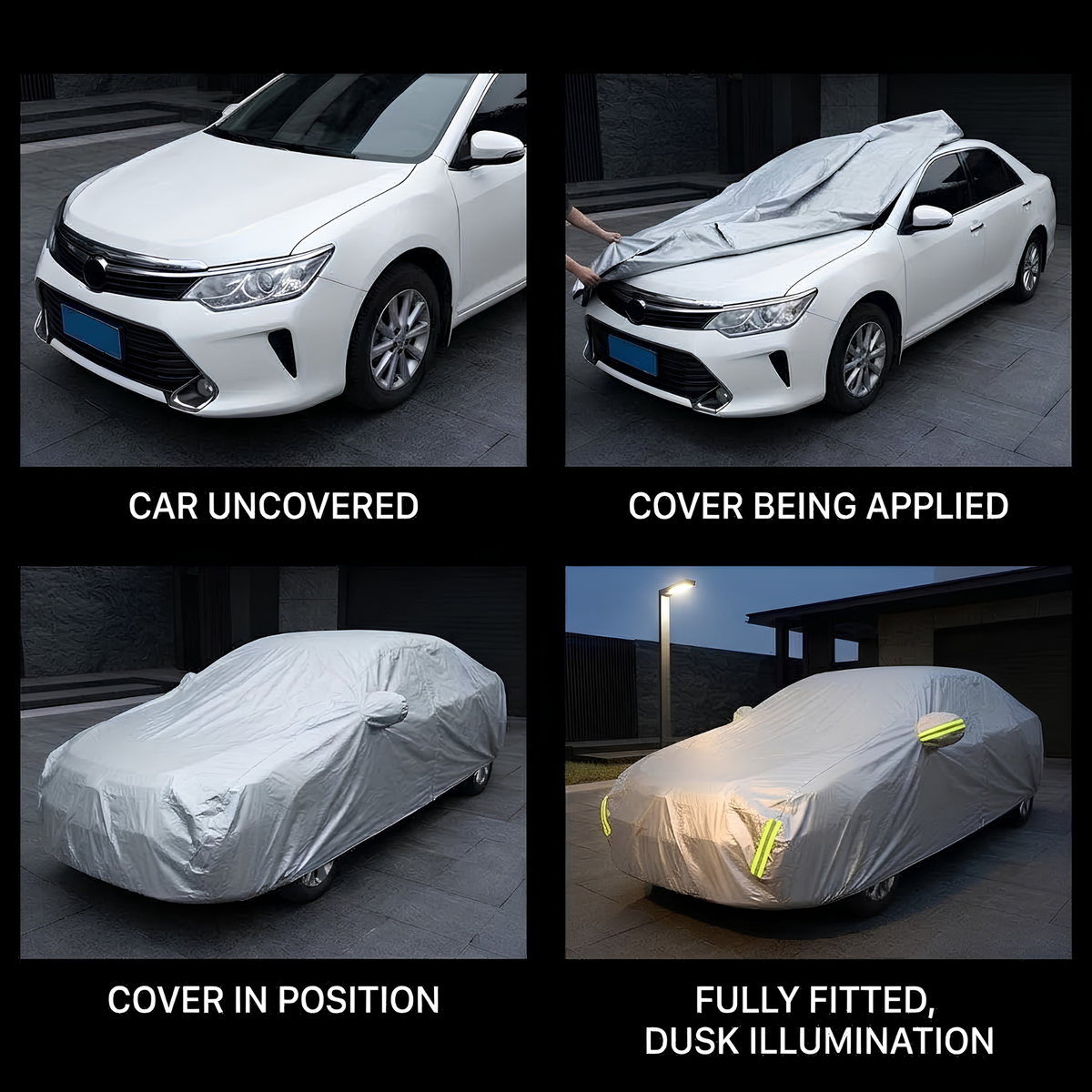 Step-by-step application of the All-Weather Vehicle Cover from uncovered car to fully fitted at dusk