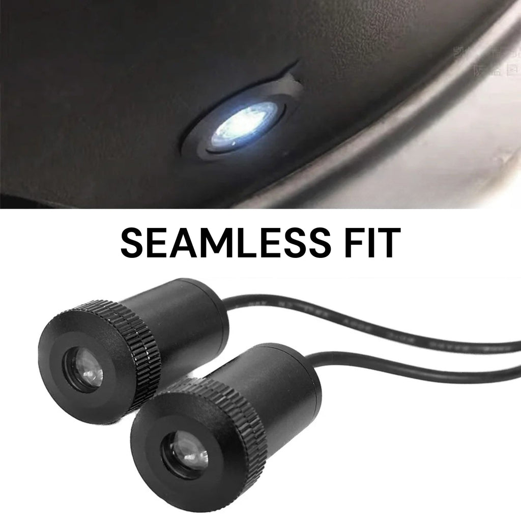 LED Door Welcome Lights seamless fit installed close-up glowing under car door panel