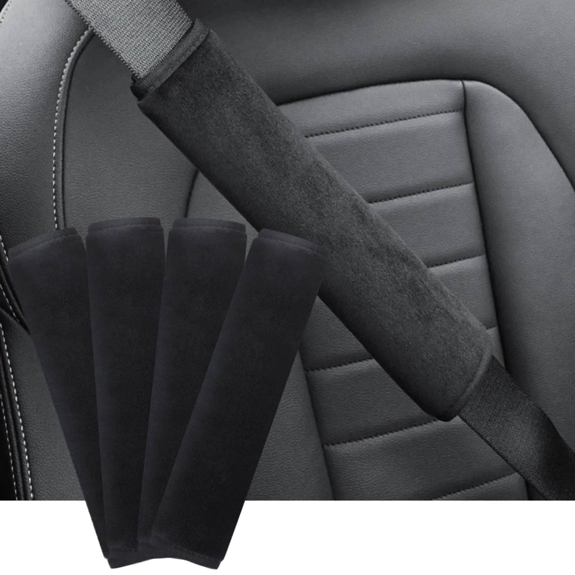 Seat belt shoulder cover installed on a car seat with four black covers laid out beside the fastened belt