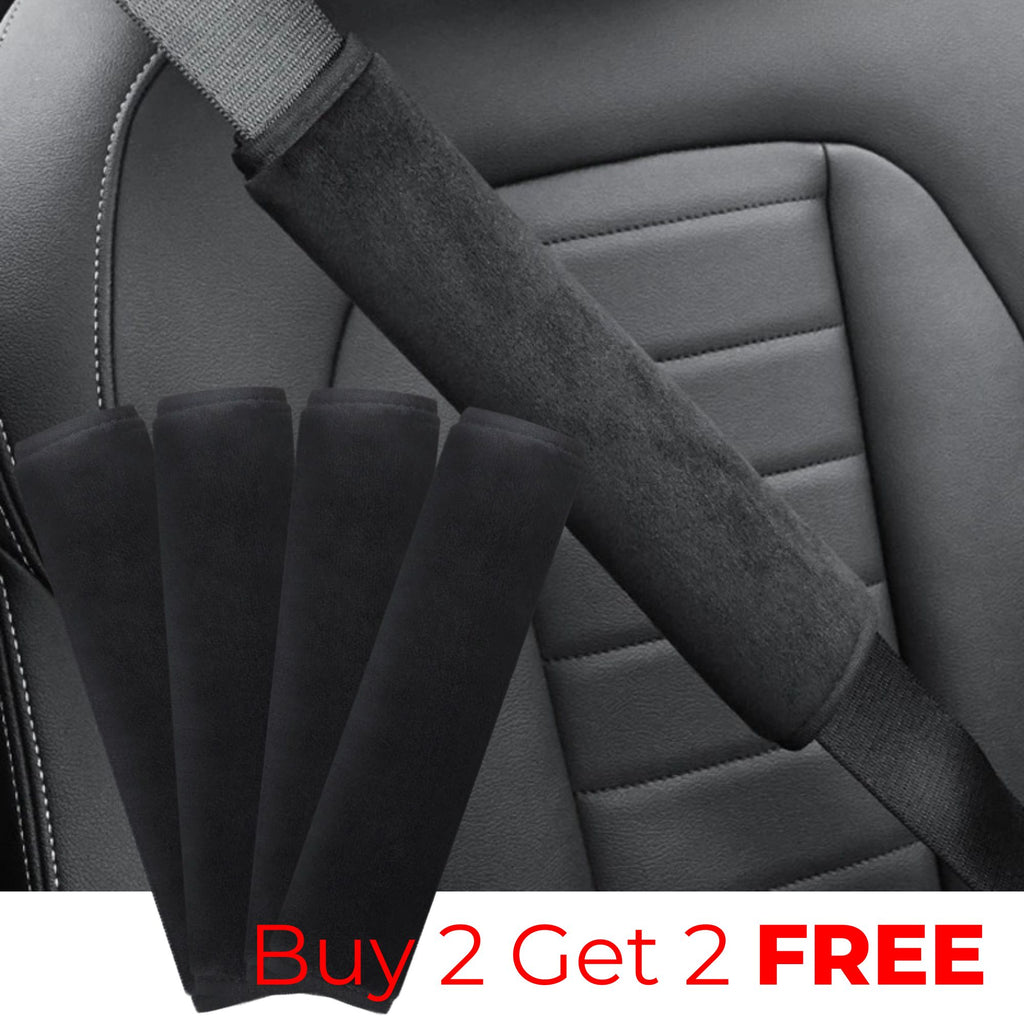 Seat belt shoulder cover installed on a car seat with four black covers laid out and Buy 2 Get 2 Free offer