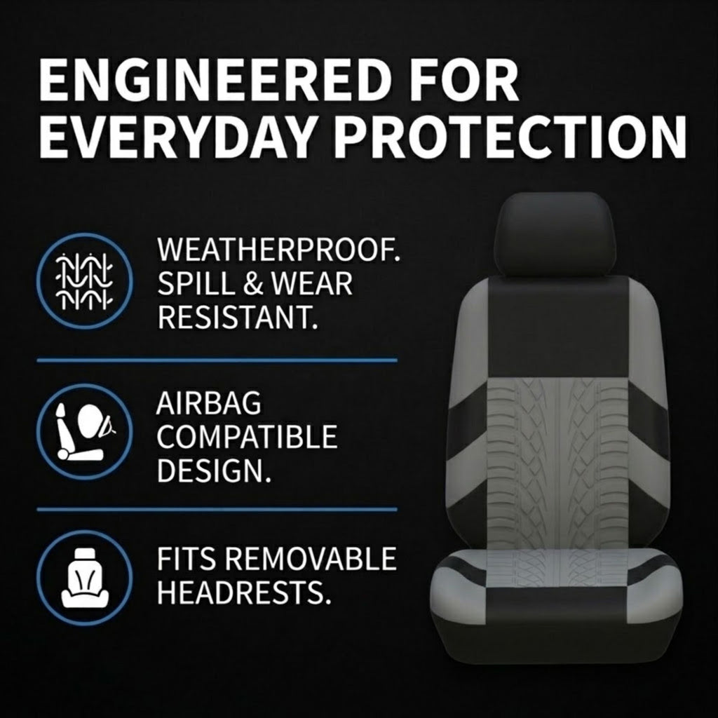 A car seat cover product shown on a dark background with marketing text. The seat cover is black and gray with a tire- tread pattern on the center.