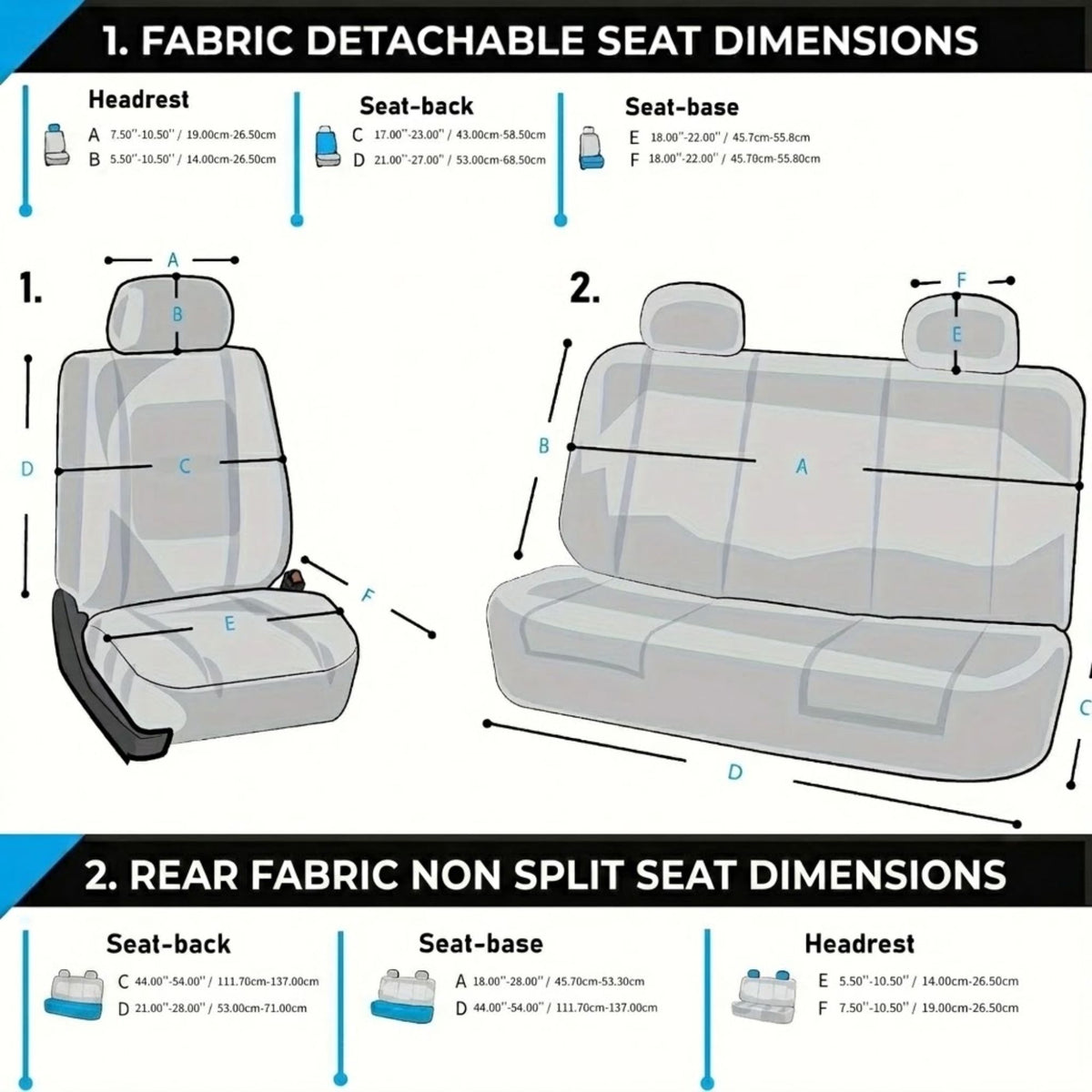 A dimension diagram showing fabric detachable seat measurements, with labeled headrest, seat-back, and seat-base dimensions for both front and rear seats on a white background.