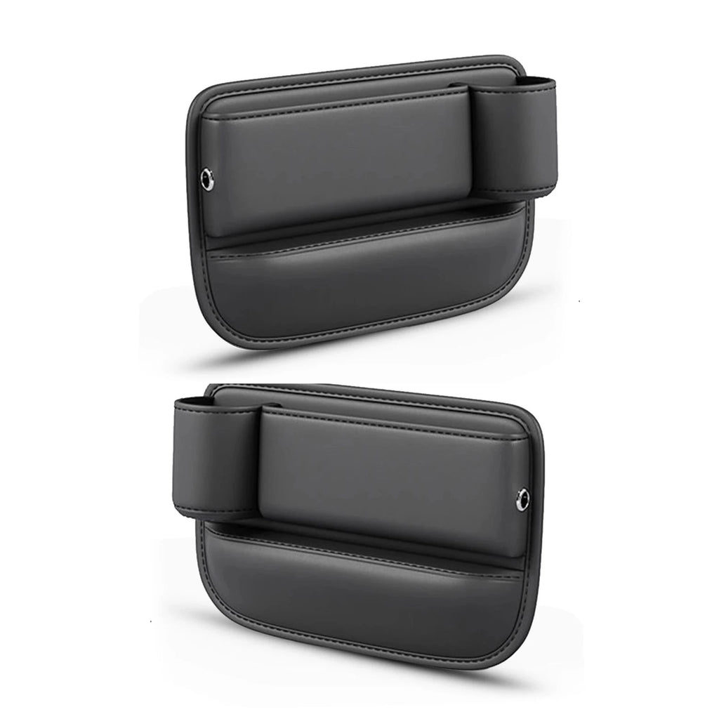 Two black leather seat gap organisers for driver and passenger sides shown side by side on a white background, highlighting the cup holder cutout and card slot.