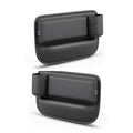 Two black leather seat gap organisers for driver and passenger sides shown side by side on a white background, highlighting the cup holder cutout and card slot.