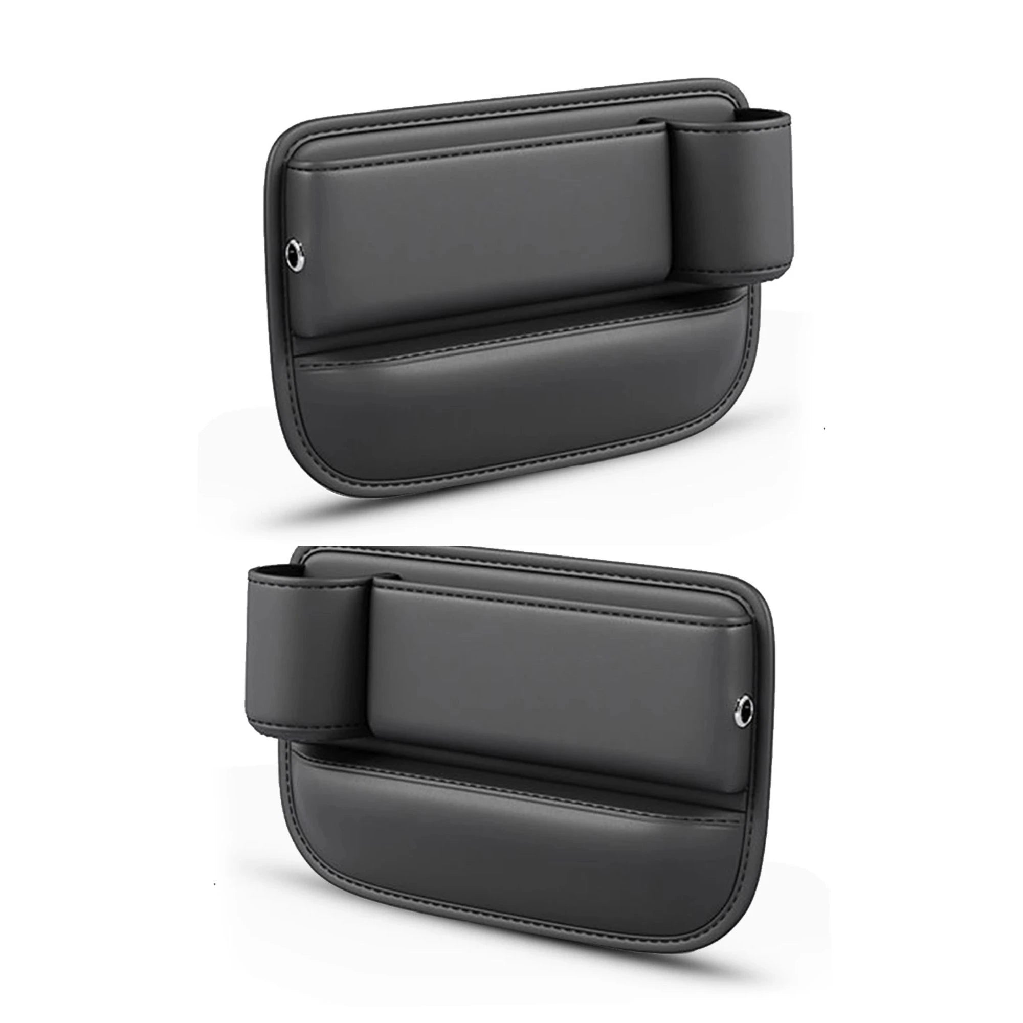 Two black leather seat gap organisers for driver and passenger sides shown side by side on a white background, highlighting the cup holder cutout and card slot.
