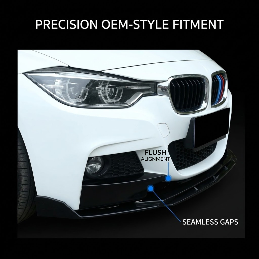 A white car front bumper area shown on a black background with text reading 'PRECISION OEM-STYLE FITMENT,' 'FLUSH ALIGNMENT,' and 'SEAMLESS GAPS,' highlighting a black lip spoiler or front bumper trim piece.