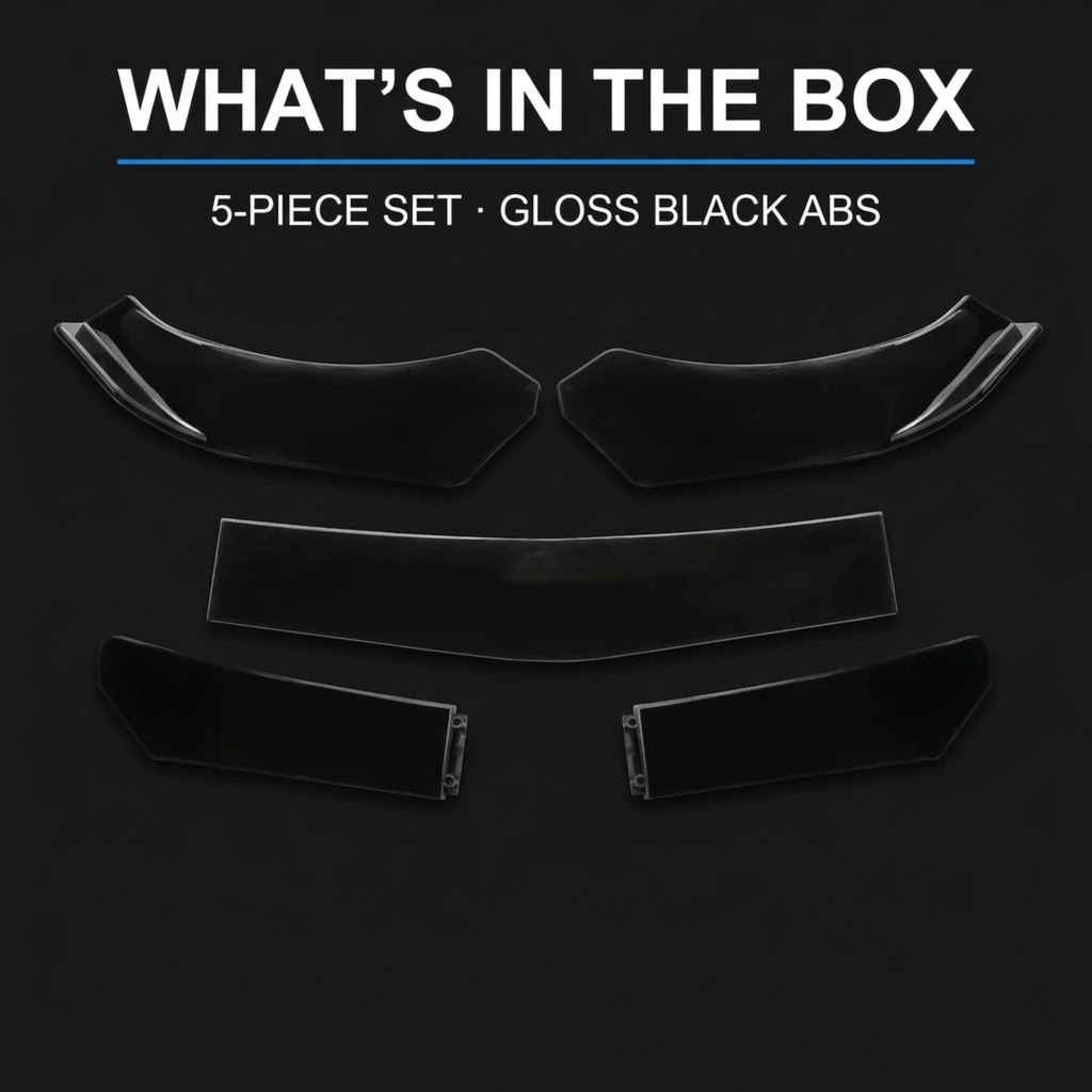 A 5-piece set of glossy black automotive trim or bumper lip pieces arranged on a dark background, with text reading 'WHAT'S IN THE BOX' and '5-PIECE SET • GLOSS BLACK ABS'.