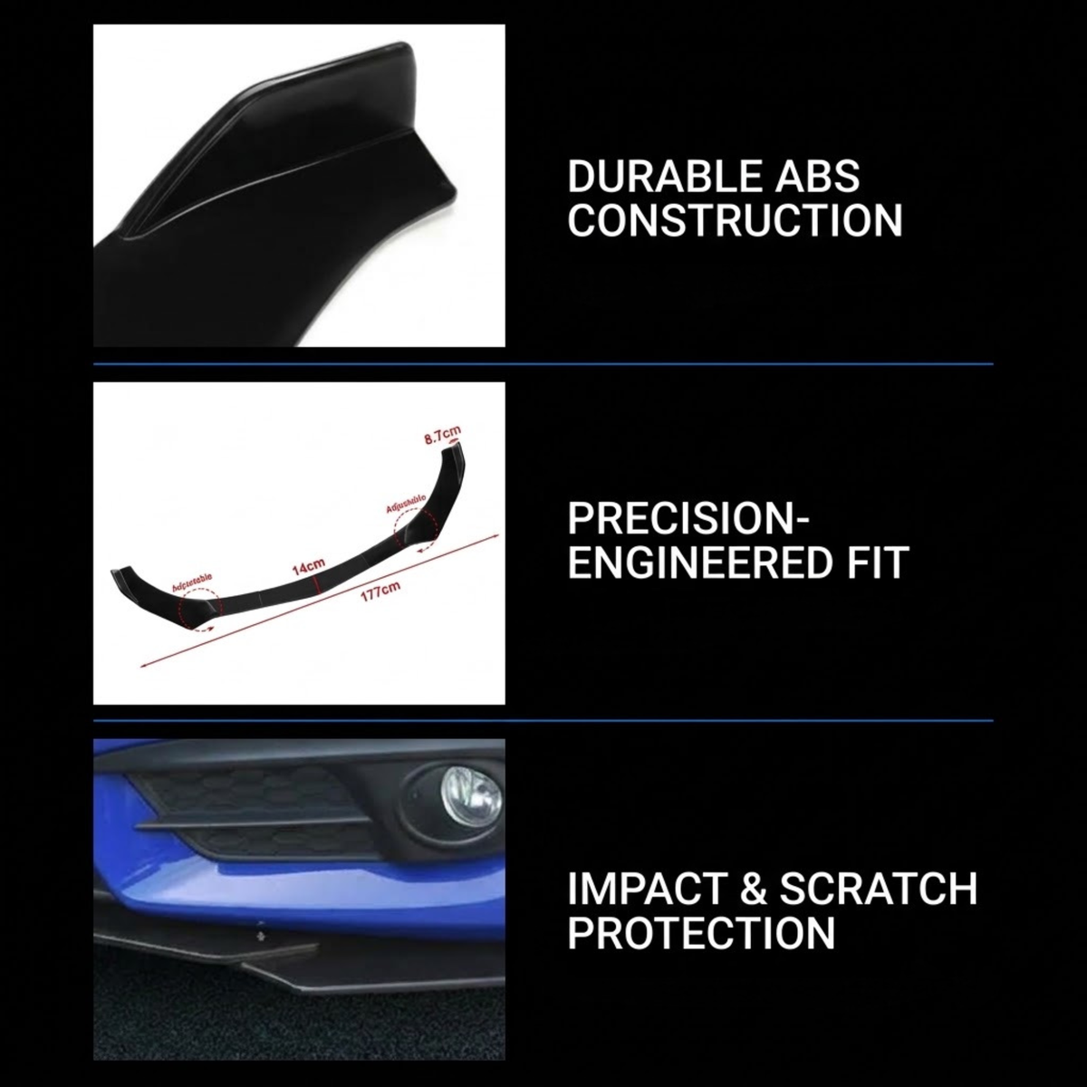Three-panel promotional graphic for a black car spoiler or lip trim piece. The top panel shows a close-up of the glossy black product on a white background with text reading 'DURABLE ABS CONSTRUCTION.