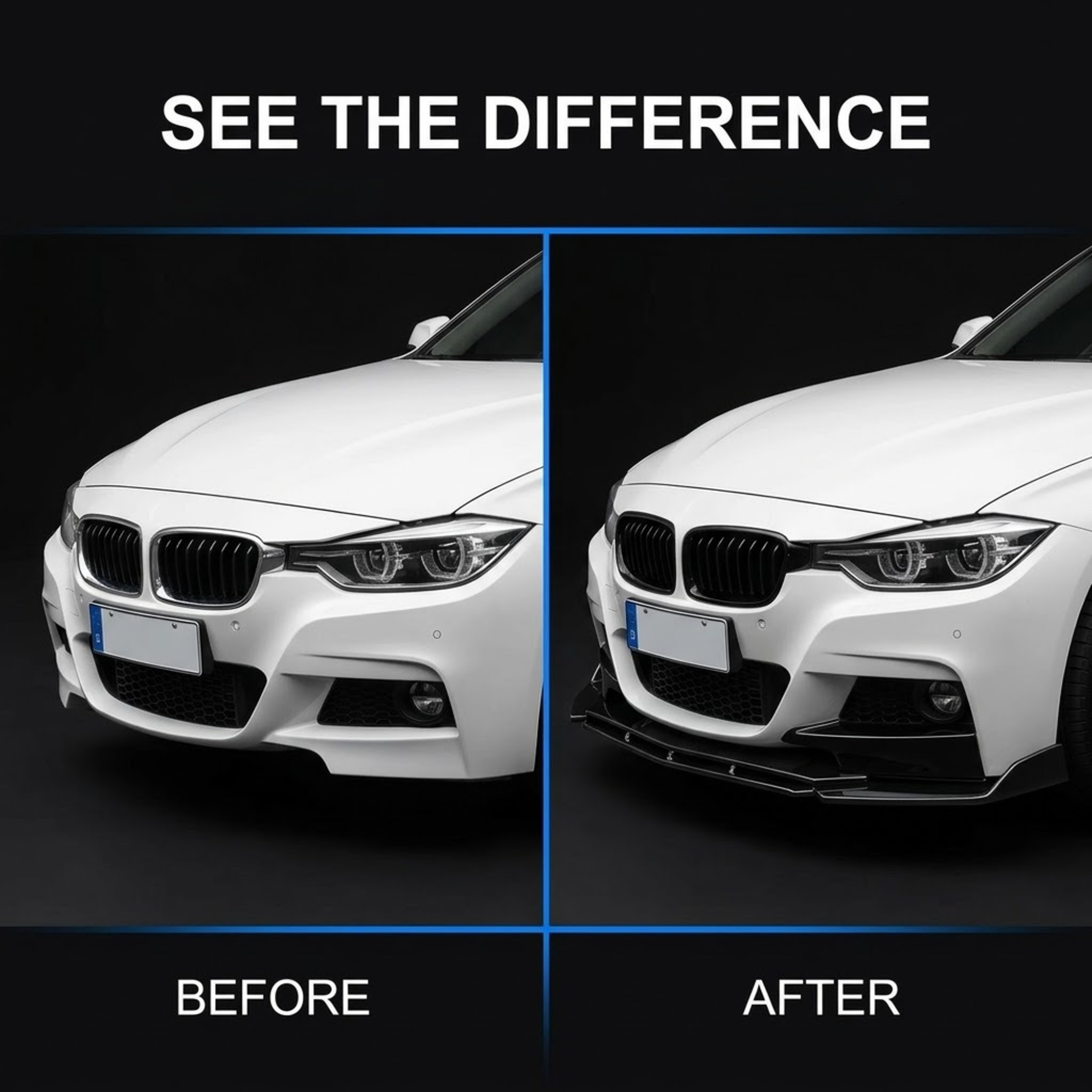 A before-and-after comparison graphic showing the front bumper and lower grille of a white BMW car on a dark background, with the text 'SEE THE DIFFERENCE', 'BEFORE', and 'AFTER'.