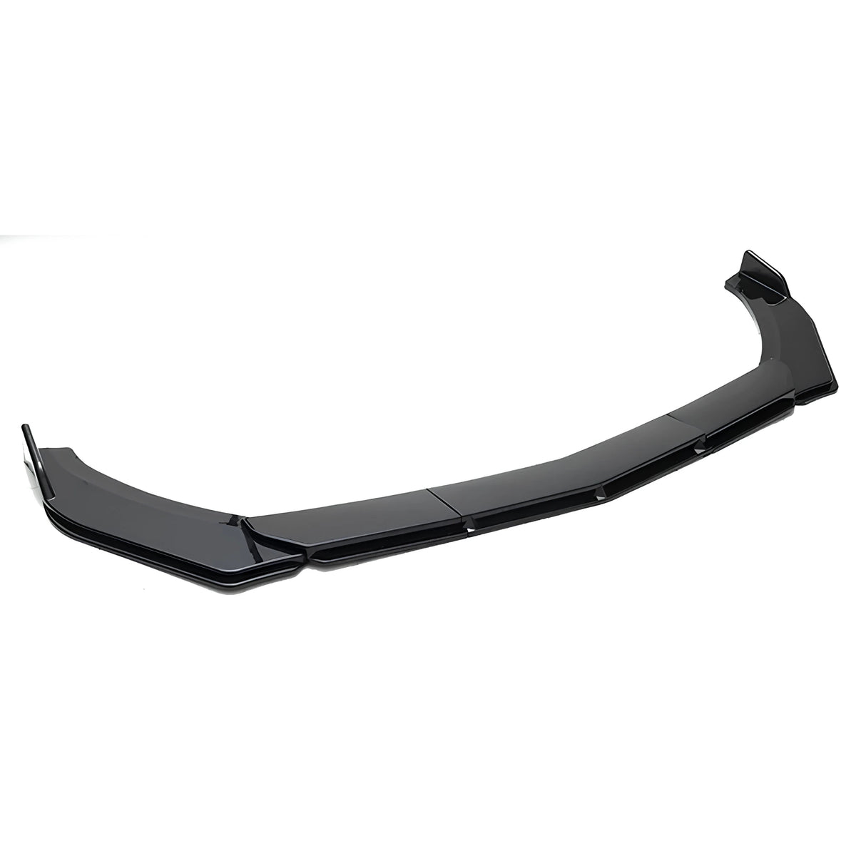 A glossy black automotive front bumper lip spoiler, photographed on a seamless white background.