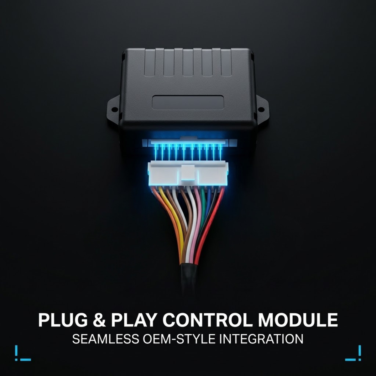 A black plug-and-play control module with a connector emitting blue light, shown on a dark background with text reading 'PLUG & PLAY CONTROL MODULE' and 'SEAMLESS OEM-STYLE INTEGRATION'.