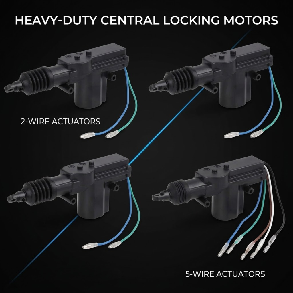 Four black heavy-duty central locking motor actuators shown on a dark background, labeled 2-Wire Actuators and 5-Wire Actuators, with white text and diagonal blue line graphics.