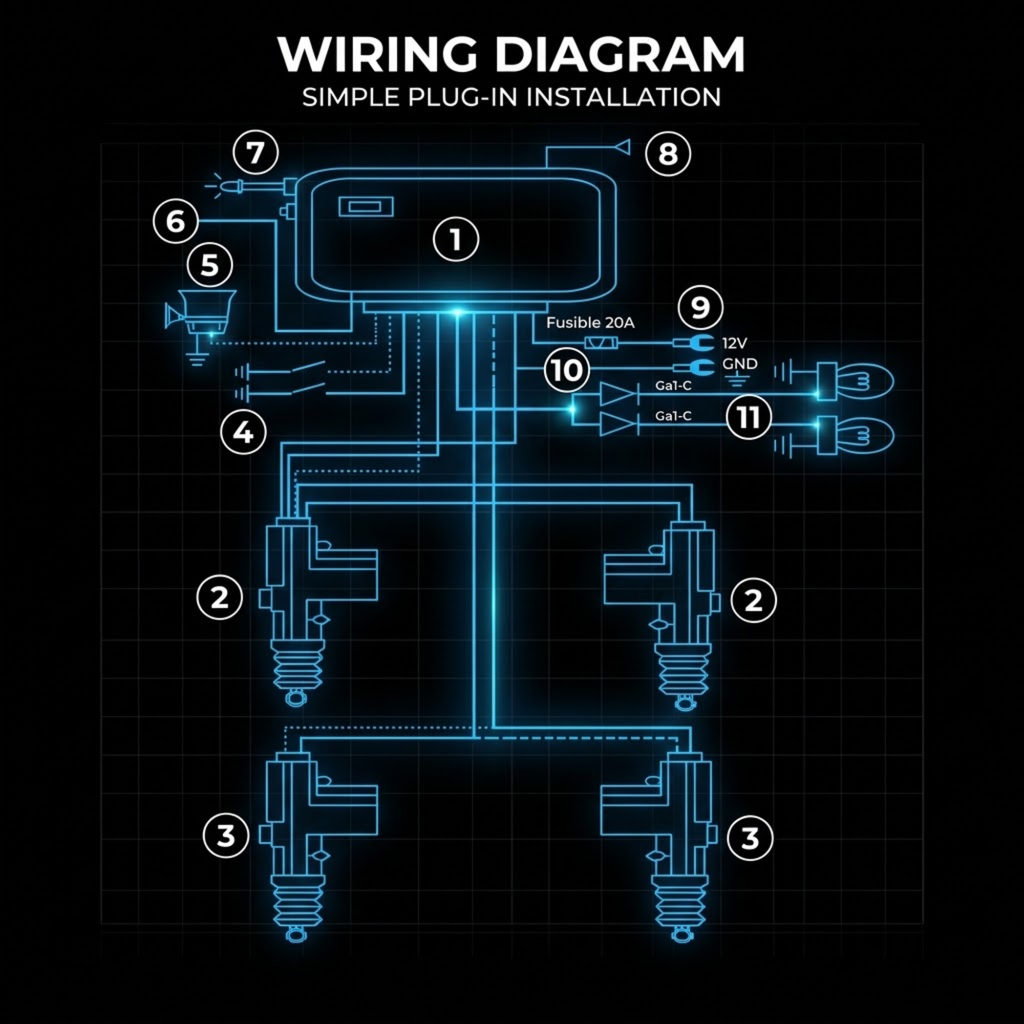A digital wiring diagram with glowing blue circuit lines and numbered terminal labels on a black background, titled 'WIRING DIAGRAM' and 'SIMPLE PLUG-IN INSTALLATION'.