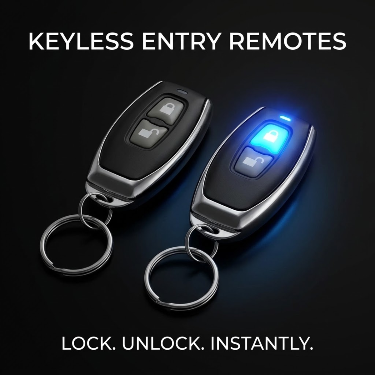 Two keyless entry remote key fobs on a black background, one unlit and one with a glowing blue lock button. White text at the top reads 'KEYLESS ENTRY REMOTES' and at the bottom reads 'LOCK.