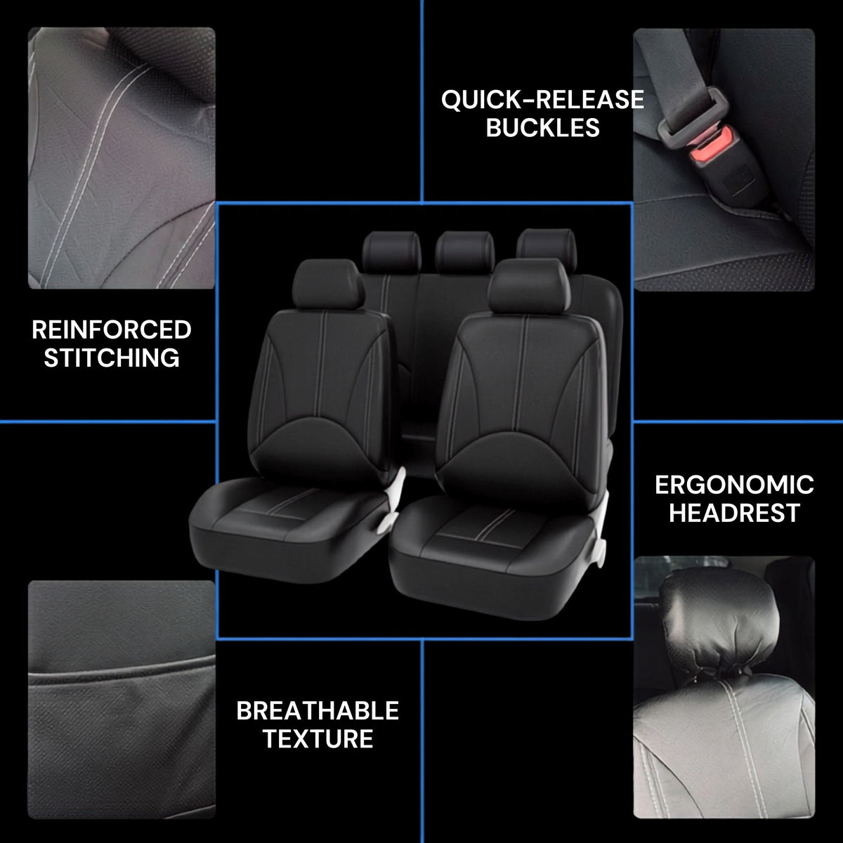 Black car seat cover set shown on a front passenger seat with inset detail photos highlighting reinforced stitching, quick-release buckles, ergonomic headrest, and breathable texture, all on a black background with white text labels.