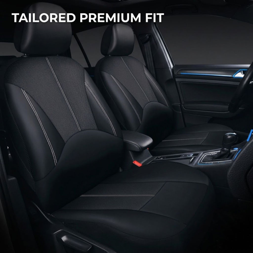 Black car seat covers installed on the front seats of a vehicle interior, with white text at the top reading 'TAILORED PREMIUM FIT'. The seat covers show contrast stitching and a textured pattern, fitted snugly inside a dark car cabin.