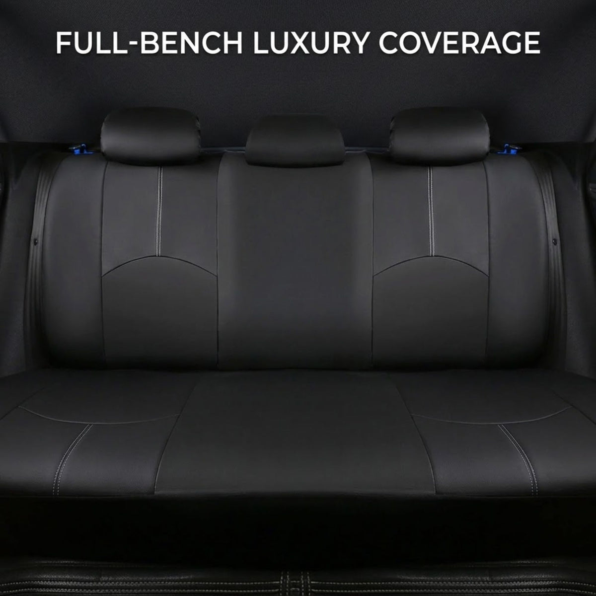 Black leather car seat cover set installed on a three-seat vehicle rear bench, with white text at the top reading 'FULL-BENCH LUXURY COVERAGE'.