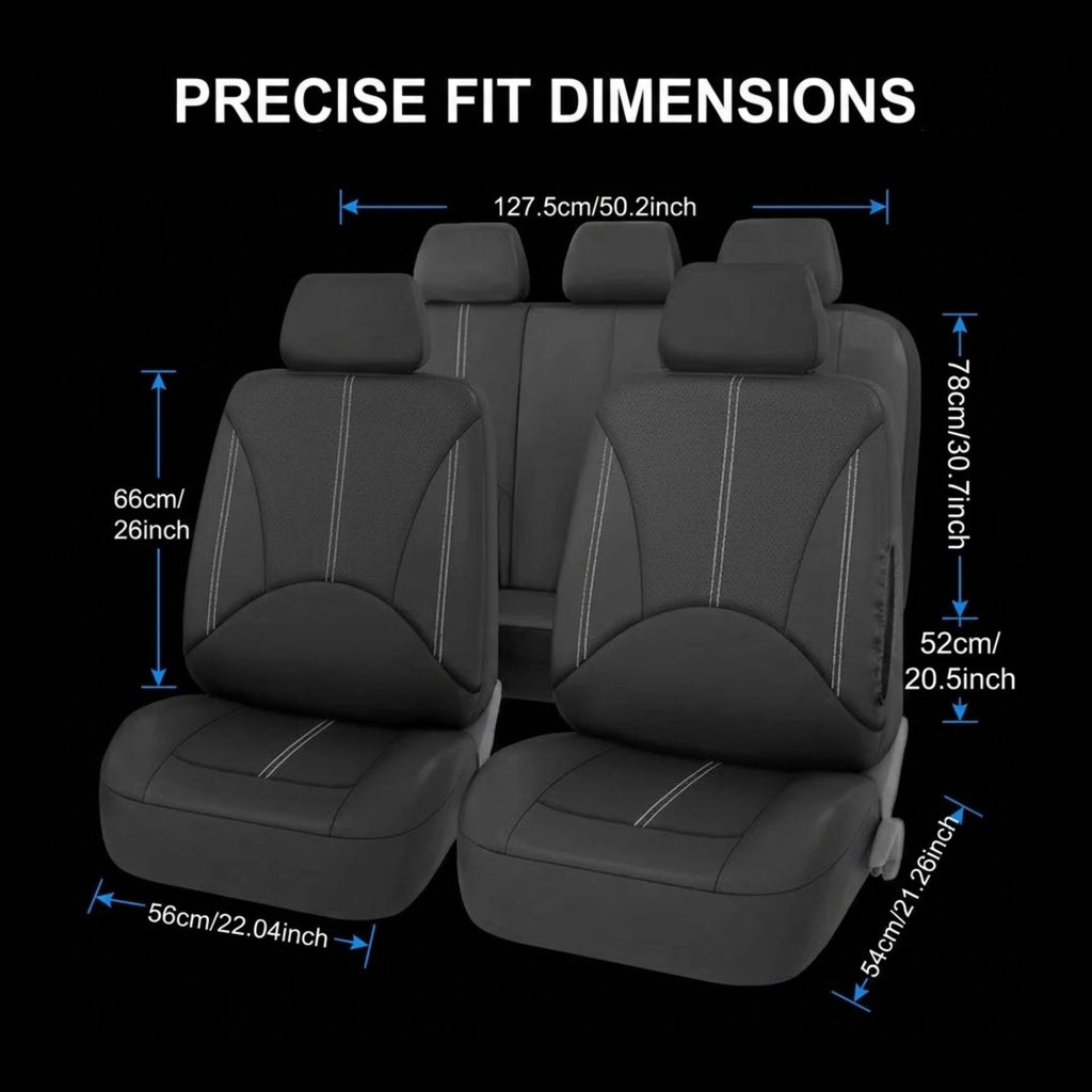 Black car seat cover set shown on front and rear seats with overlaid dimension lines and text reading 'PRECISE FIT DIMENSIONS' and measurements in centimeters and inches.