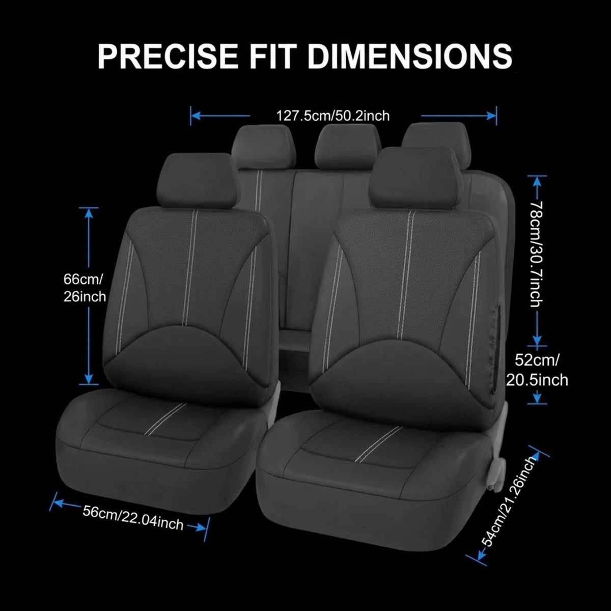 Black car seat cover set shown on front and rear seats with overlaid dimension lines and text reading 'PRECISE FIT DIMENSIONS' and measurements in centimeters and inches.