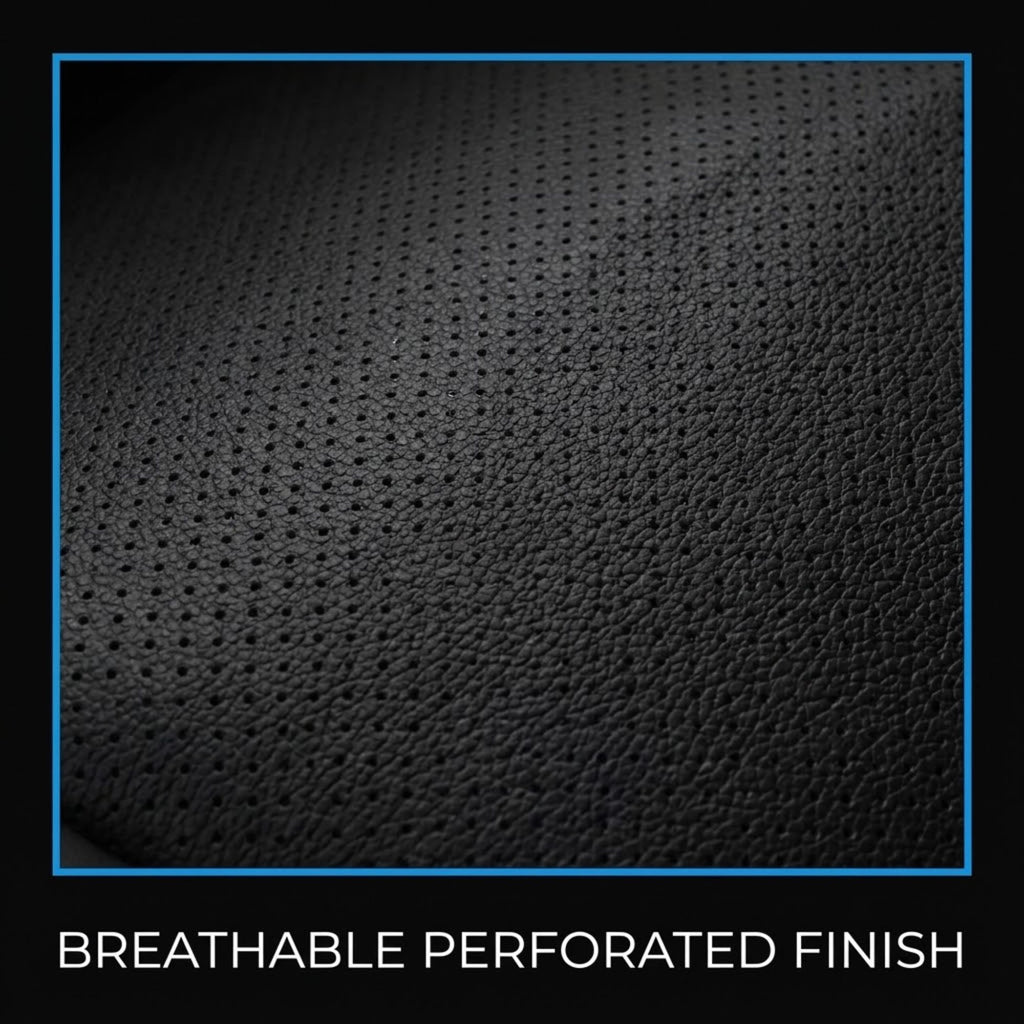 Close-up of a black perforated textured material with the text 'BREATHABLE PERFORATED FINISH' below it on a black background with a blue border.