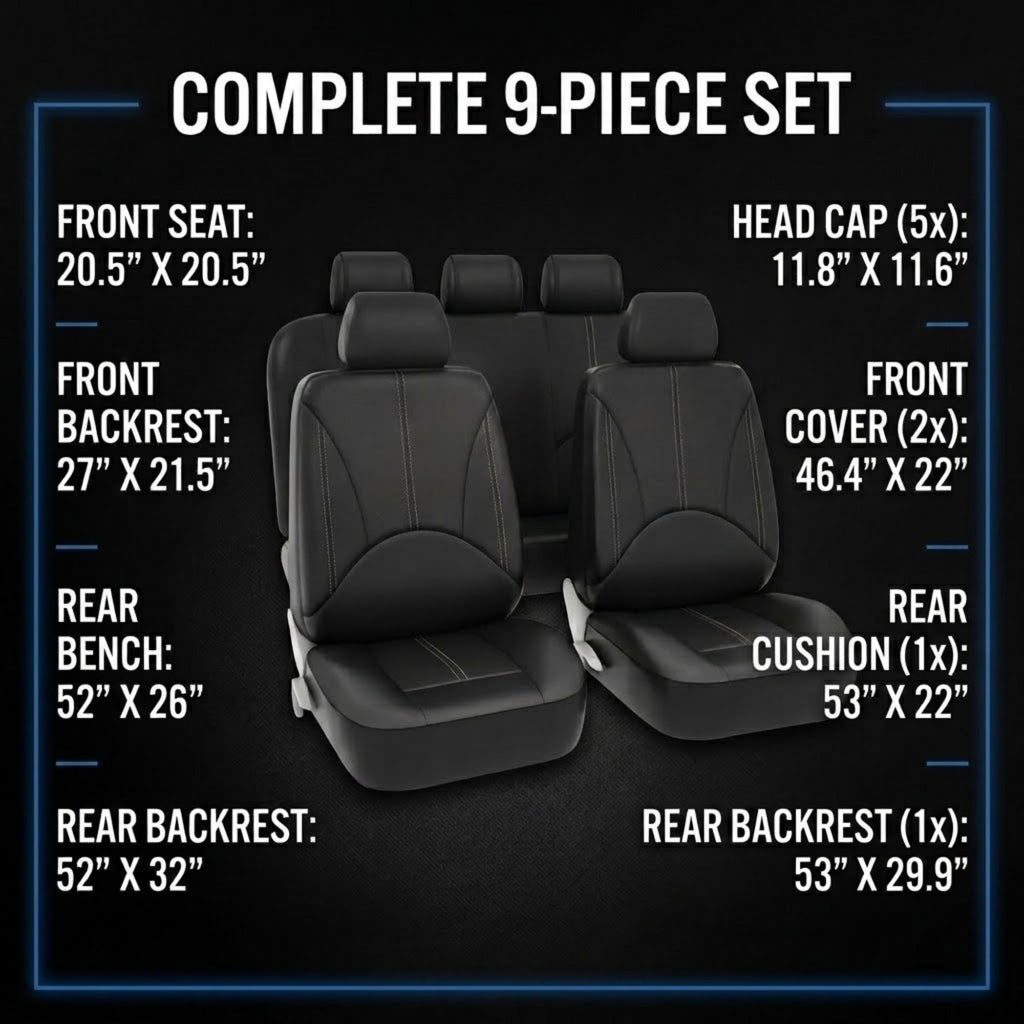 A black 9-piece set of car seat covers shown on a dark background with overlaid dimensions for each piece and the text 'COMPLETE 9-PIECE SET'.