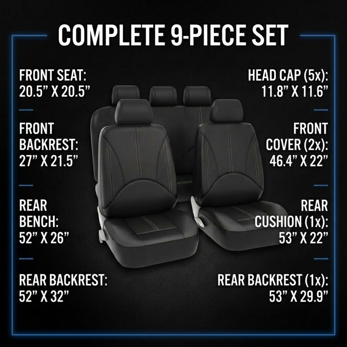 A black 9-piece set of car seat covers shown on a dark background with overlaid dimensions for each piece and the text 'COMPLETE 9-PIECE SET'.