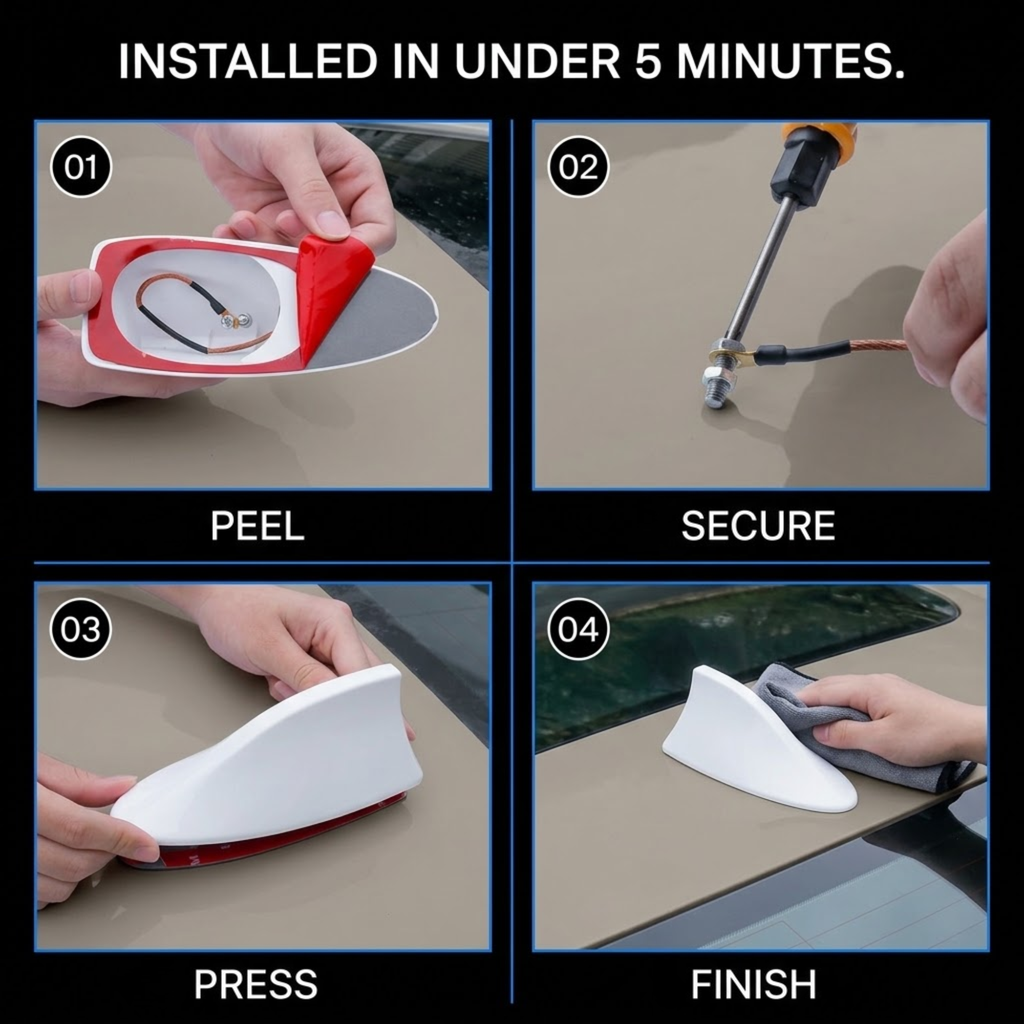 A four-panel installation guide showing how to install a white car antenna reflector. The panels are labeled 01 PEEL, 02 SECURE, 03 PRESS, and 04 FINISH, with a black background and the headline 'INSTALLED IN UNDER 5 MINUTES.