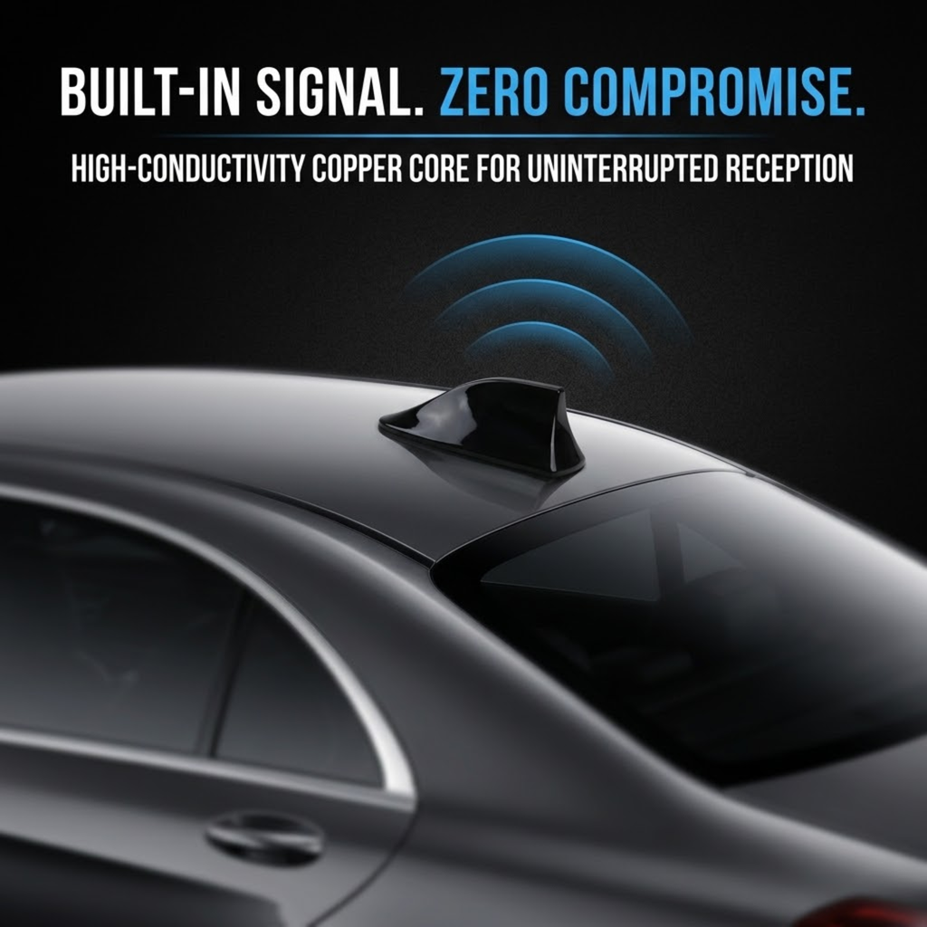 A black car roof spoiler shown on the rear of a dark gray sedan against a black background, with blue wireless signal graphics and text reading 'BUILT-IN SIGNAL. ZERO COMPROMISE.
