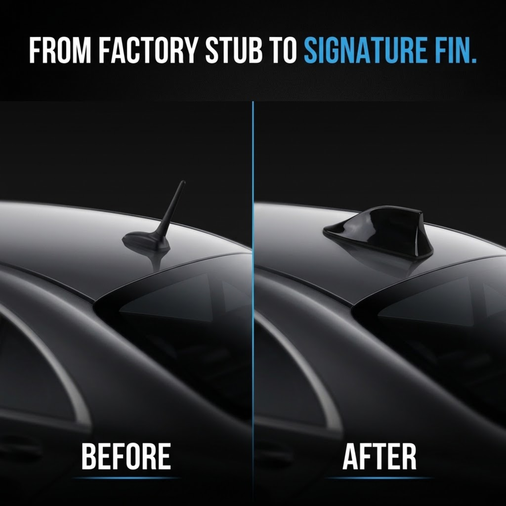 Before-and-after comparison showing a car roof antenna converted into a black shark-fin style roof spoiler. The top text reads 'FROM FACTORY STUB TO SIGNATURE FIN.