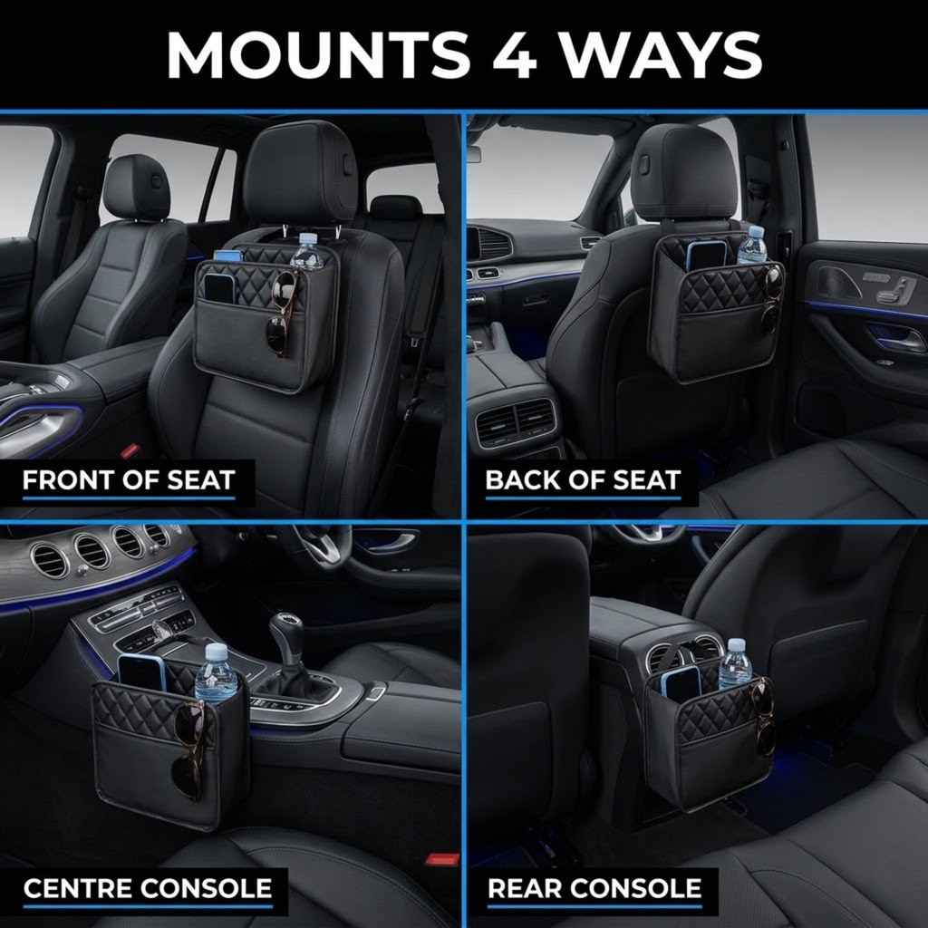 Car Seat Back Organiser mounted four ways: front of seat, back of seat, centre console and rear console