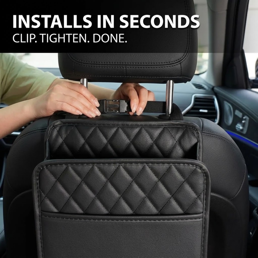 Hands fastening the Car Seat Back Organiser strap around a car headrest