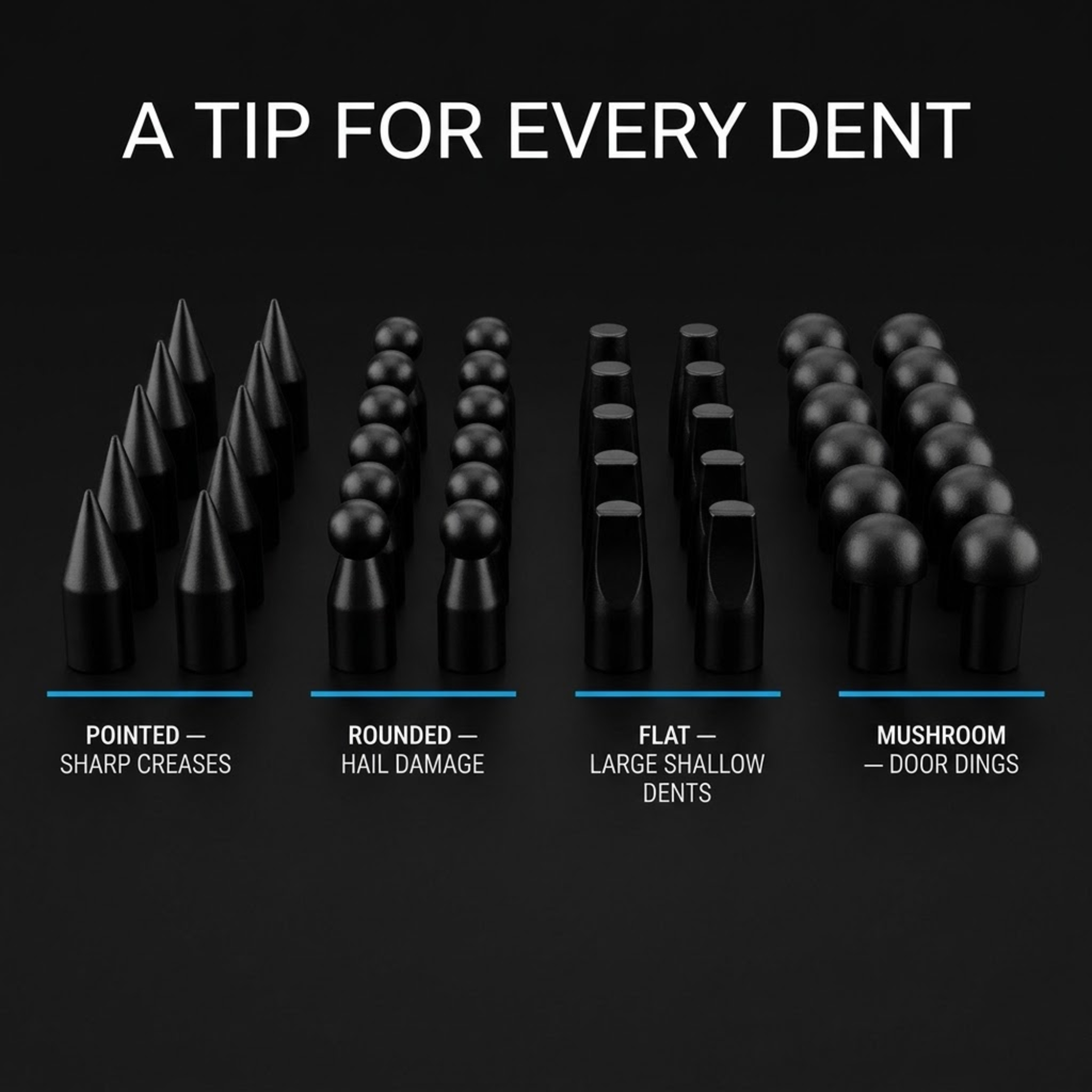Dent Removal Rod Kit tip shapes: pointed tips for creases, rounded for hail damage, flat for shallow dents and mushroom for door dings