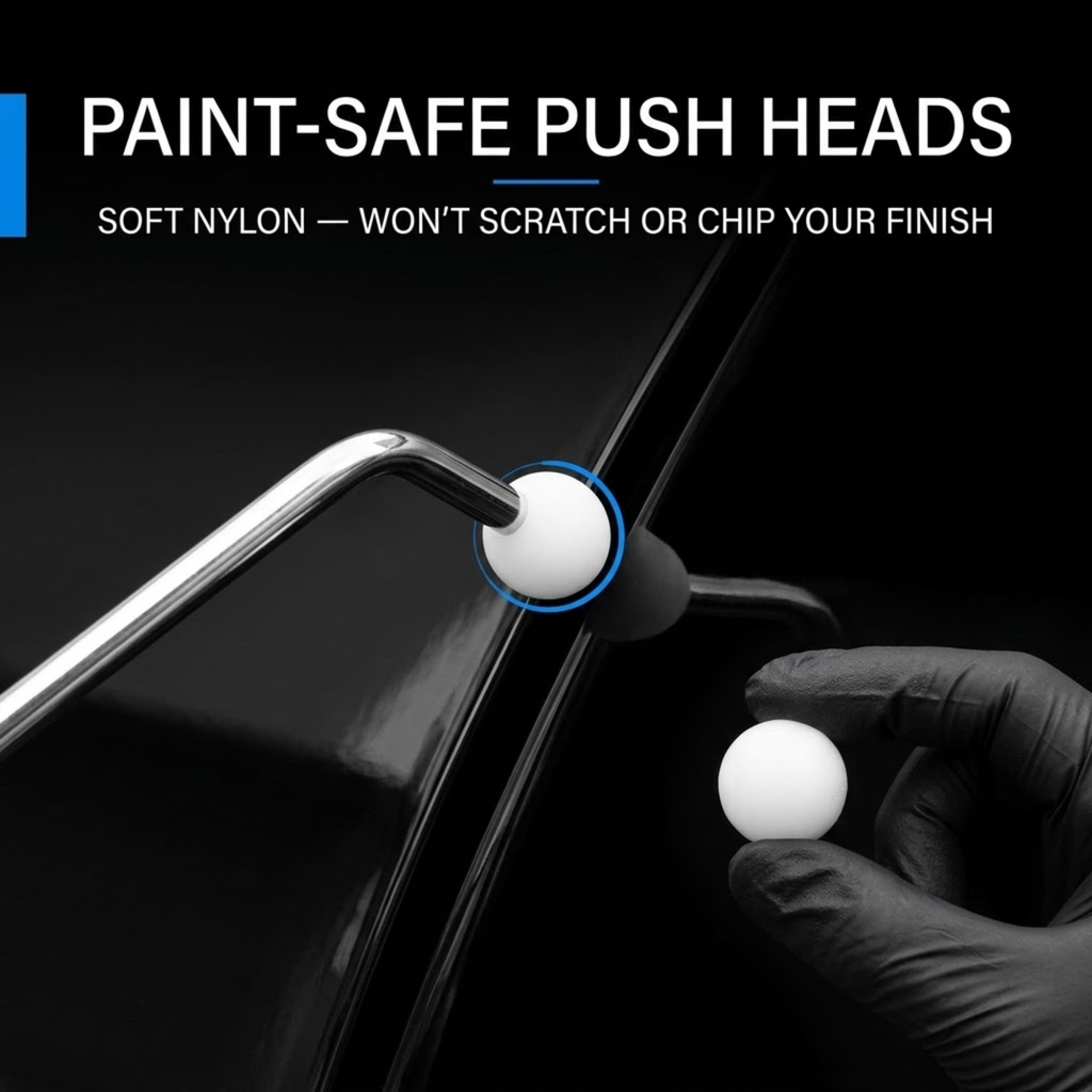 Close-up of the Dent Removal Rod Kit steel rod with a soft white nylon push head pressing on a black car panel from behind