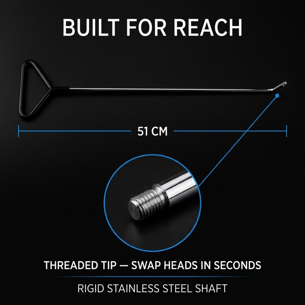 Dent Removal Rod Kit 51 cm stainless steel rod with T-handle and a close-up of the threaded tip for swapping heads